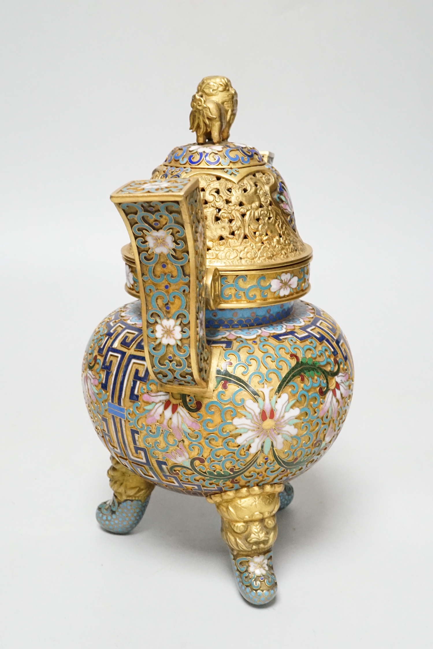 A Chinese cloisonné enamel tripod censer and cover, 22cm including cover